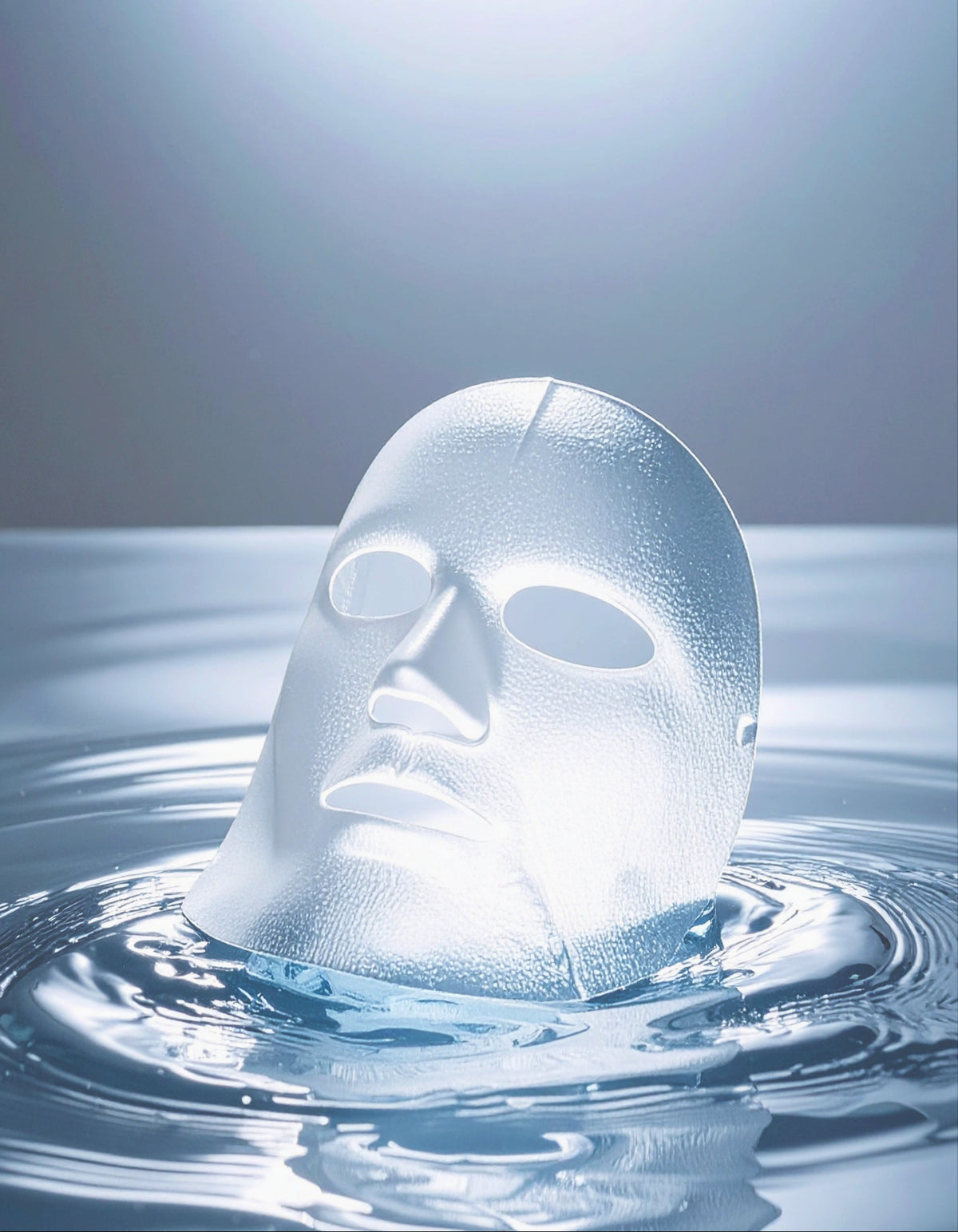 Transparent face mask floating on water with a dark background