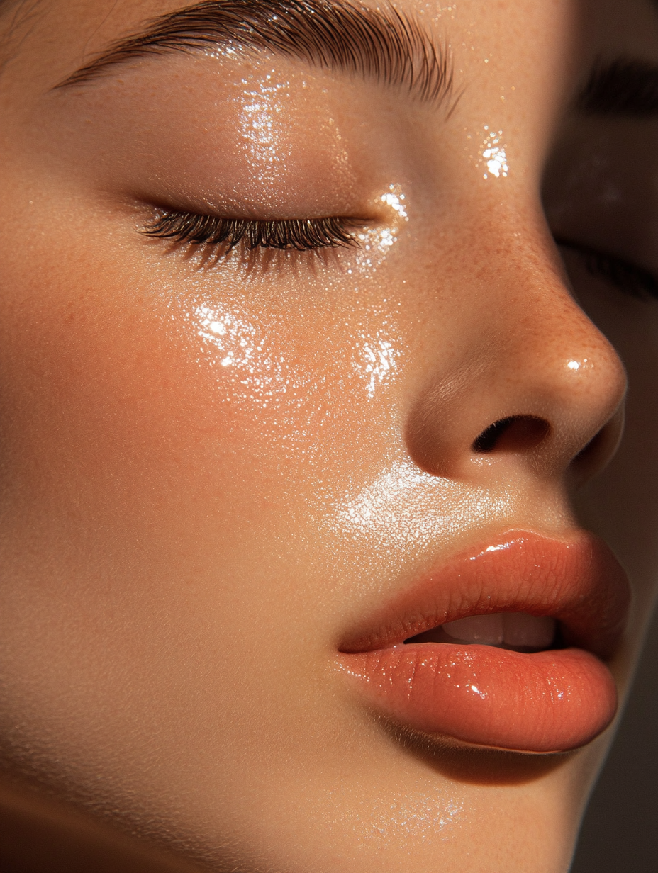 Close-up of a person's face with a glossy finish