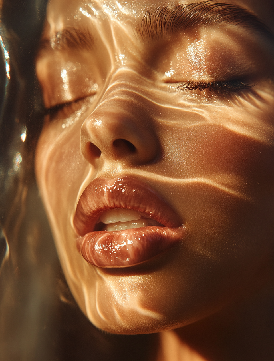 Close-up of a person's face with a glossy finish