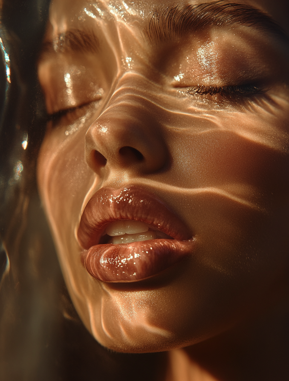 Close-up of a person's face with a glossy, reflective surface.